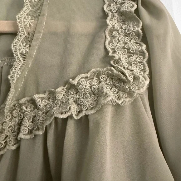 Elegant Lace Trim sheer Blouse - Olive - Picture 3 of 3